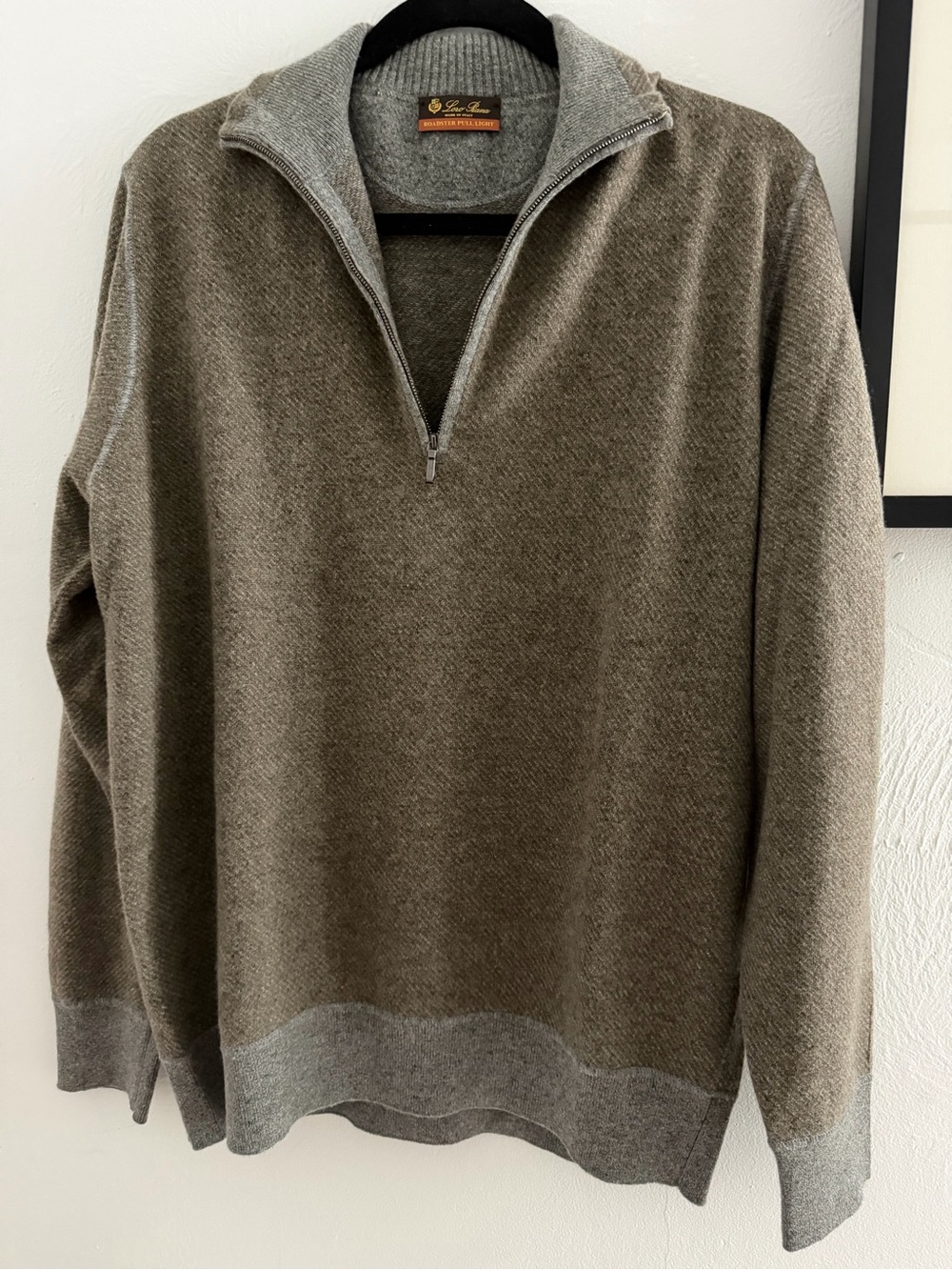 Loro Piana Men's Olive Brown Zip-Up Sweater with Gray Trim